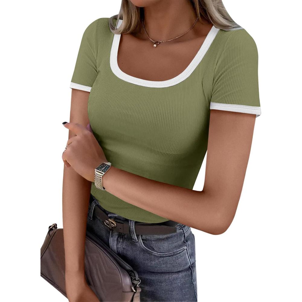 imageANRABESS Women Short Sleeve Tops Square Neck Ribbed Knit Color Block T Shirts Fitted Casual Summer 2025 Trendy Basic TeesOlive