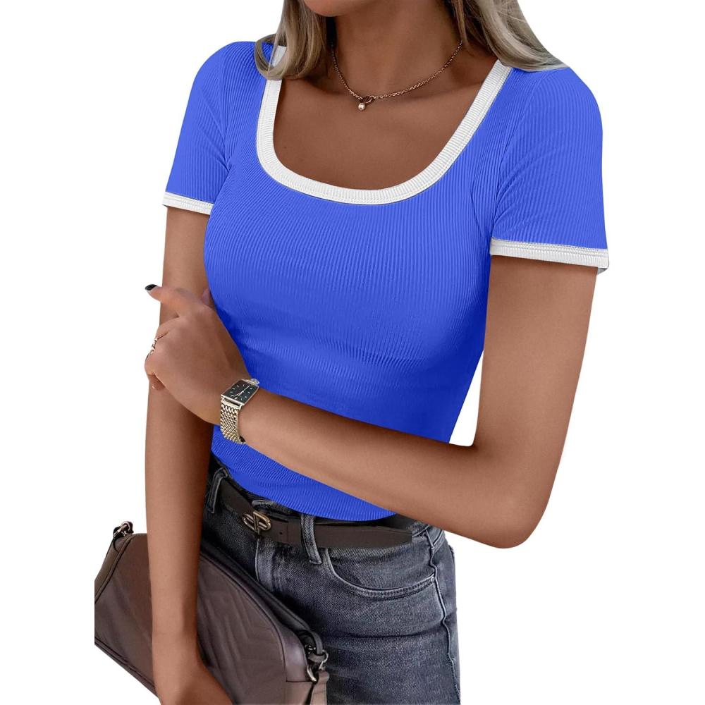 imageANRABESS Women Short Sleeve Tops Square Neck Ribbed Knit Color Block T Shirts Fitted Casual Summer 2025 Trendy Basic TeesRoyal Blue