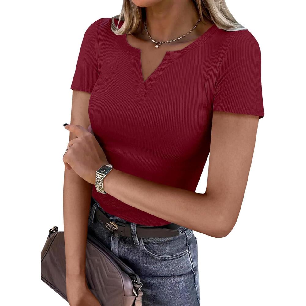 imageANRABESS Women Short Sleeve Tops V Neck Rib Knit Slim Fit Shirts Basic Tee 2025 Summer Casual TShirt Outfits ClothesDeep Red