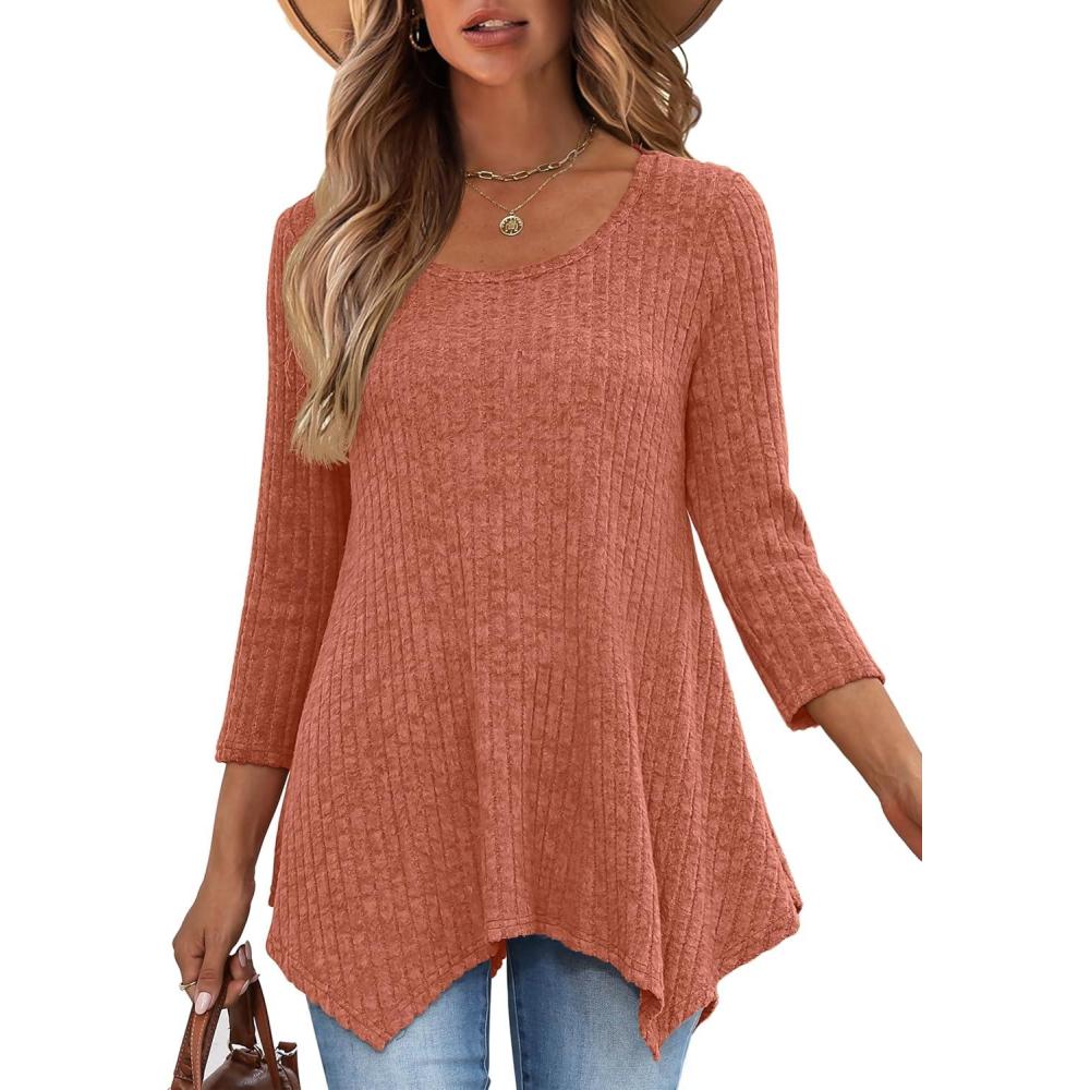 imageANRABESS Womens 34 Sleeve Flowy Tunic Tops Crew Neck Ribbed Loose Fit Side Slit Shirts Casual Blouses 2025 Fall ClothesBurnt Orange