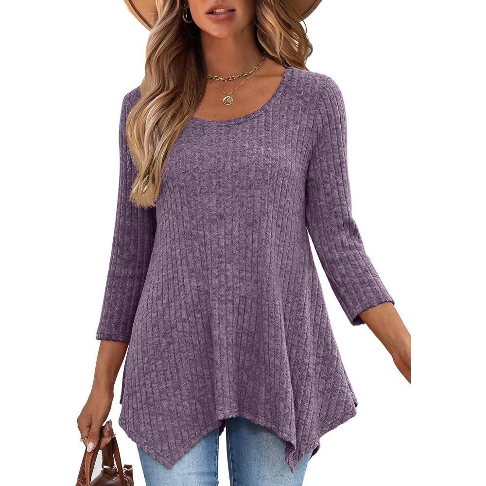 imageANRABESS Womens 34 Sleeve Flowy Tunic Tops Crew Neck Ribbed Loose Fit Side Slit Shirts Casual Blouses 2025 Fall ClothesPurple