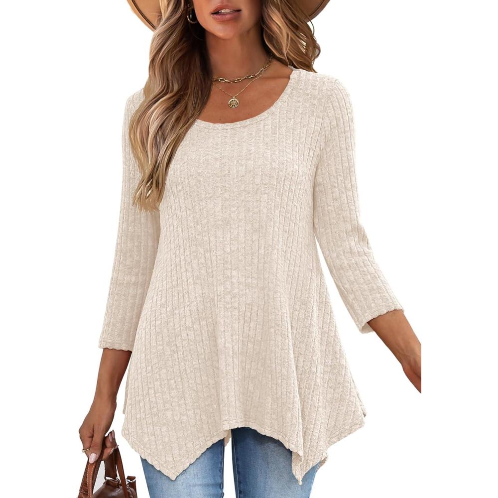 imageANRABESS Womens 34 Sleeve Flowy Tunic Tops Crew Neck Ribbed Loose Fit Side Slit Shirts Casual Blouses 2025 Fall ClothesYellow Beige