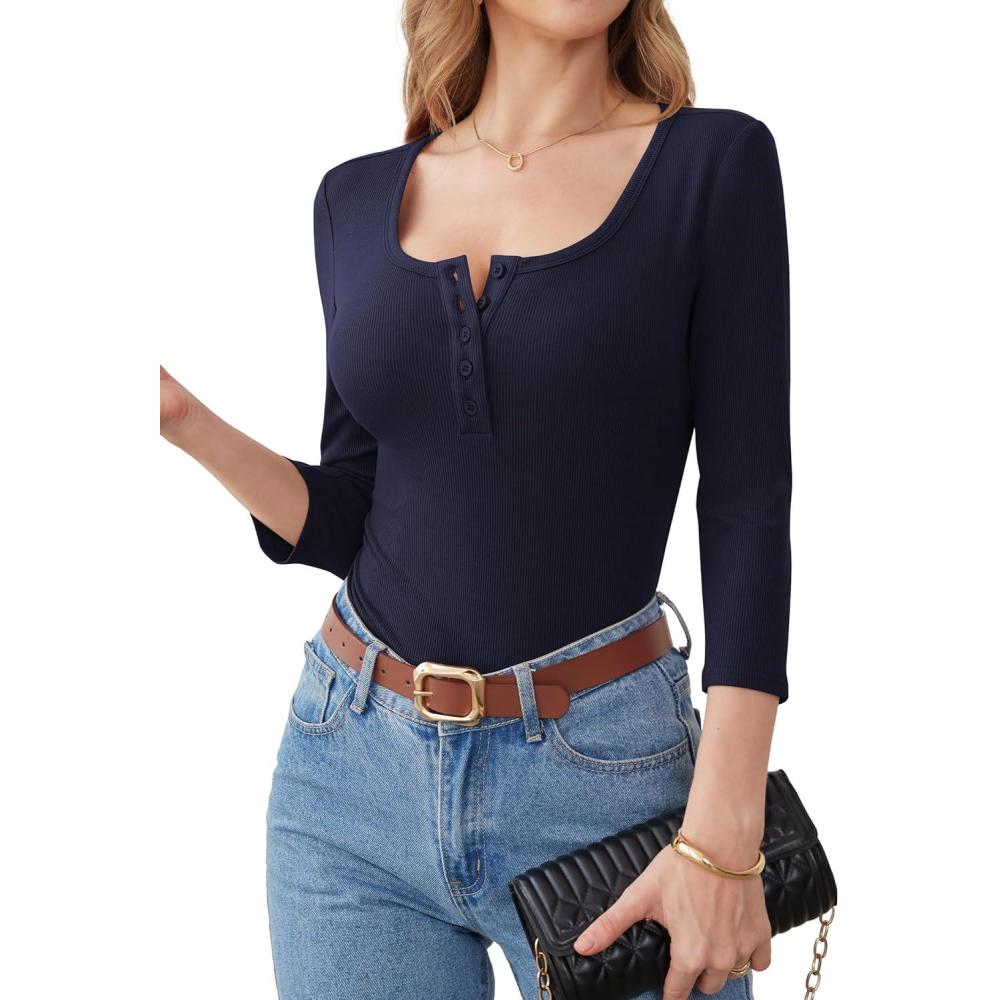 imageANRABESS Womens 34 Sleeve Henley Shirts Ribbed Knit Slim Fit Casual Basic T Shirts 2025 Summer Fall Button Up Blouse OutfitsNavy Blue