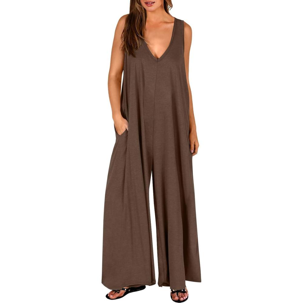 imageANRABESS Womens Casual Summer Loose Jumpsuits Sleeveless Tank V Neck Wide Leg Long Pant Rompers Baggy Jumper with PocketsCoffee