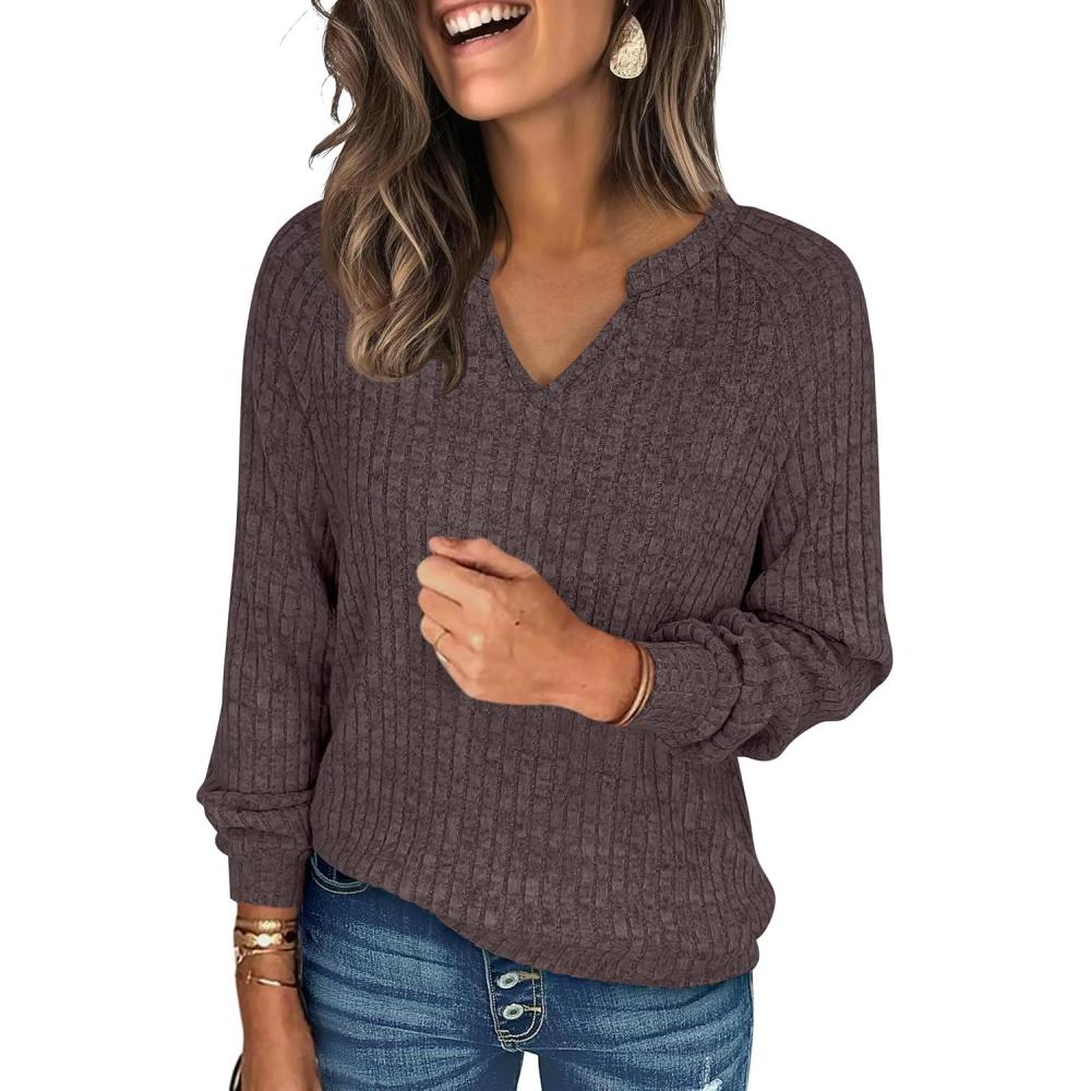 imageANRABESS Womens Long Sleeve Shirts Fall Lightweight V Neck Sweater Tops Dressy Casual Loose Fit Tunic 2025 Fashion ClothesChocolate Brown
