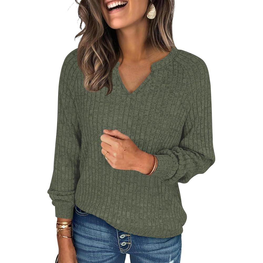 imageANRABESS Womens Long Sleeve Shirts Fall Lightweight V Neck Sweater Tops Dressy Casual Loose Fit Tunic 2025 Fashion ClothesDeep Green