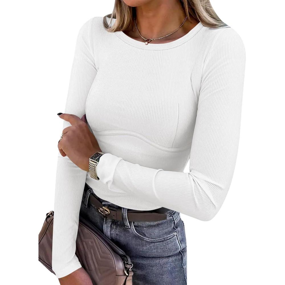 imageANRABESS Womens Long Sleeve Shirts Seamed Cup Crewneck Rib Knit Slim Tight Basic Top 2025 Fall Dressy Casual Corset TShirtsWhite