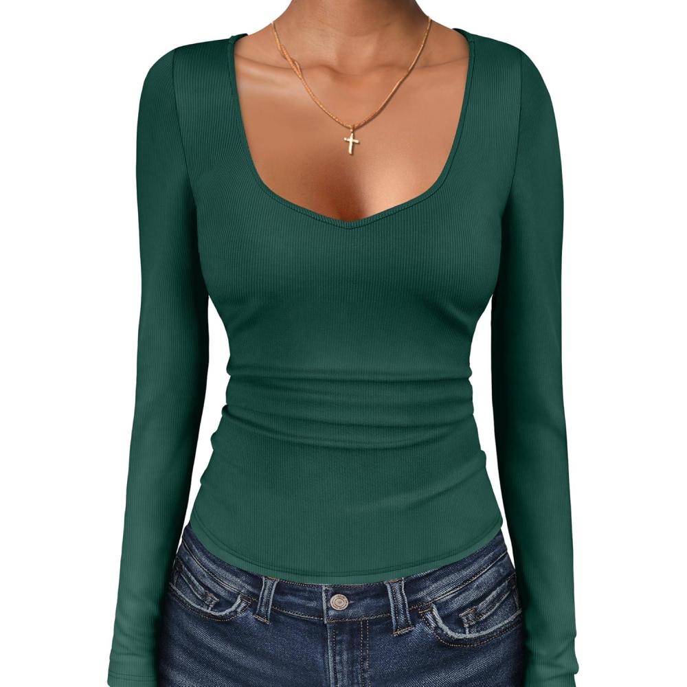 imageANRABESS Womens Long Sleeve Tops Sweetheart Neck Ribbed Knit Slim Fitted Shirts Basic Layer Tees 2025 Fall OutfitsDeep Green