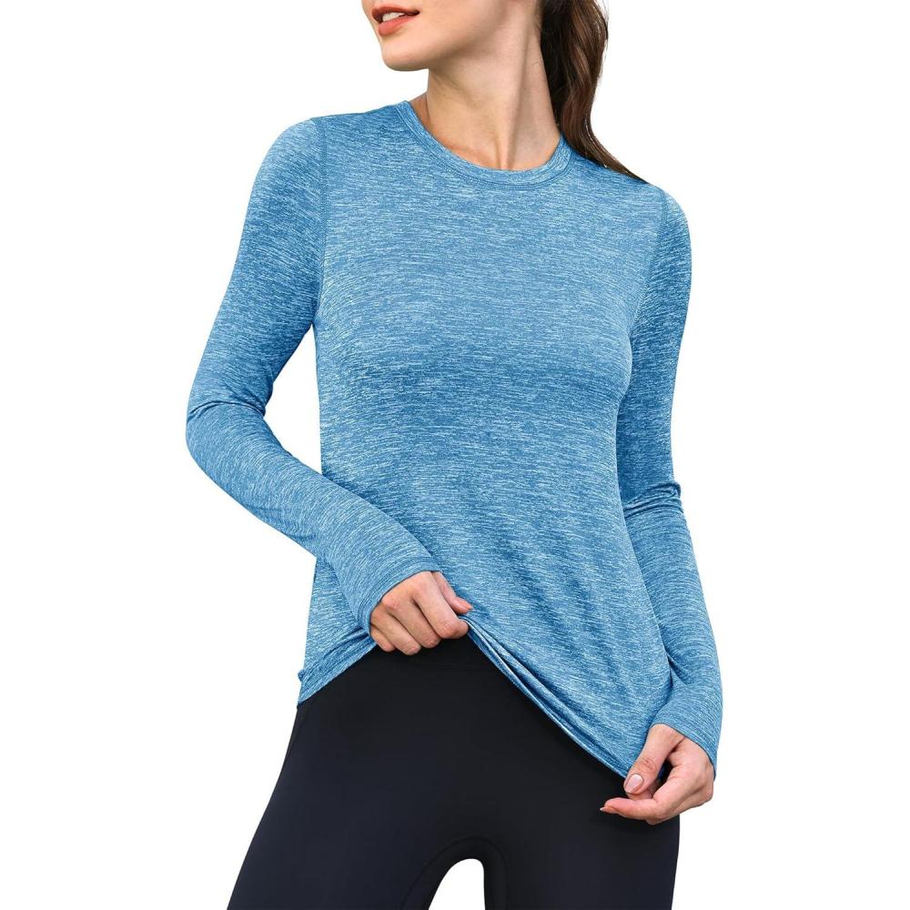imageANRABESS Womens Long Sleeve Workout Quick Dry Fitted Yoga Gym Athletic ShirtsBlue