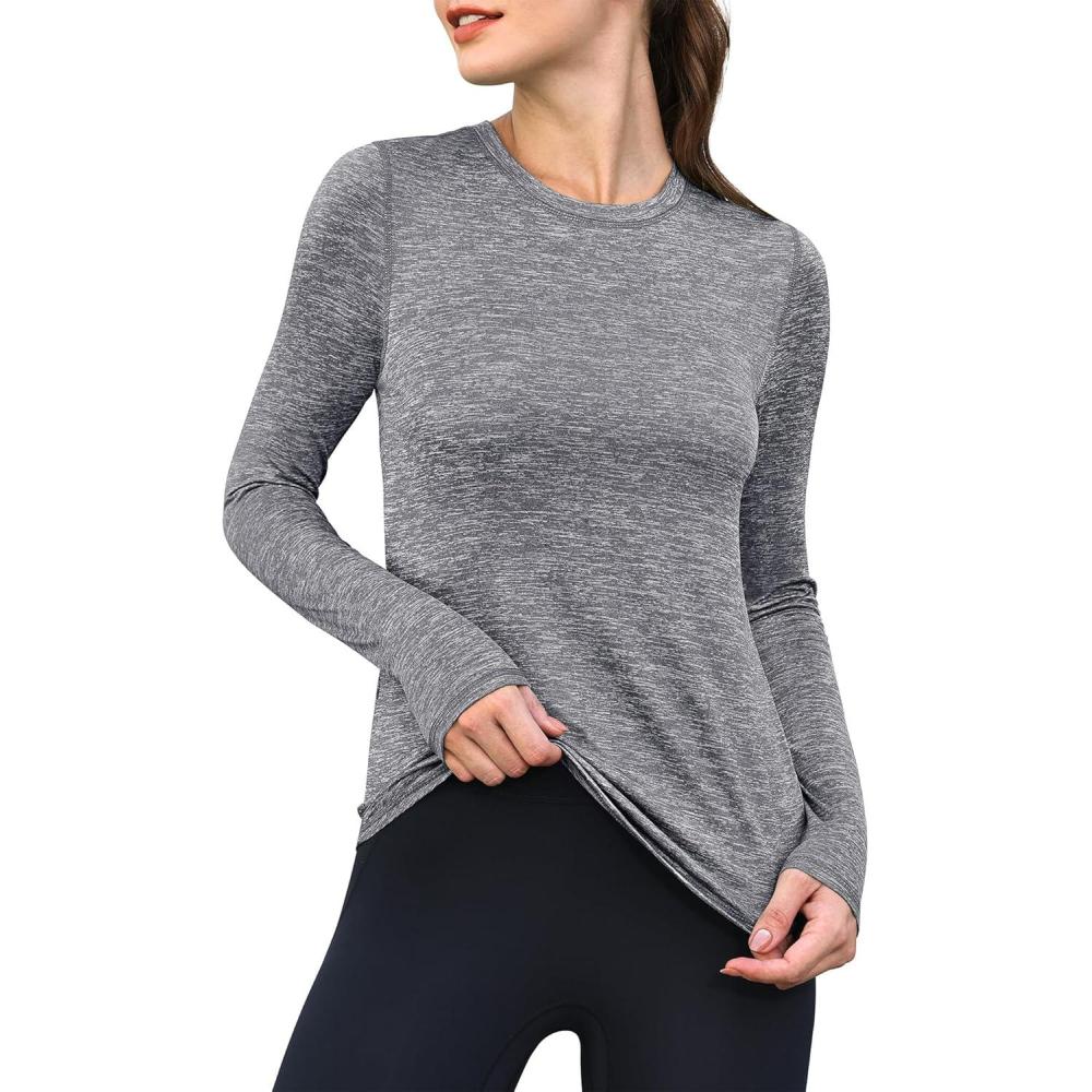 imageANRABESS Womens Long Sleeve Workout Quick Dry Fitted Yoga Gym Athletic ShirtsGrey