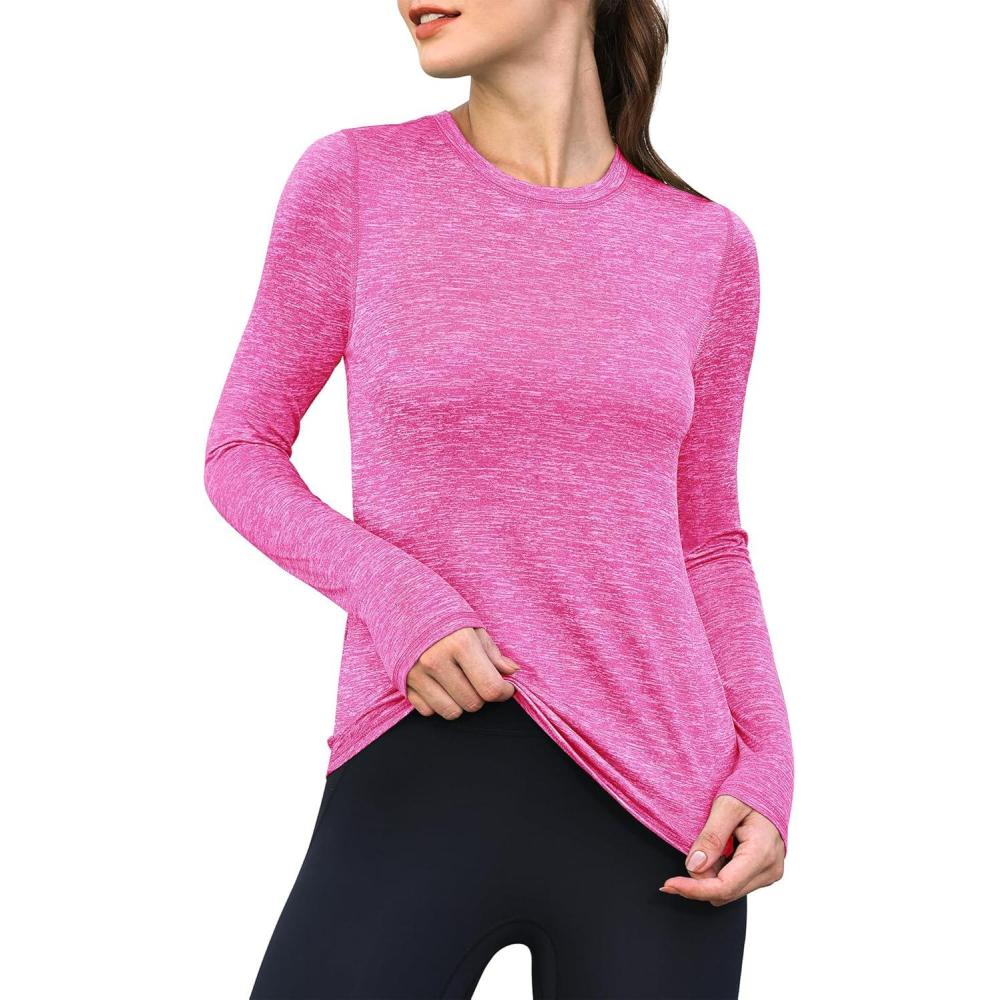imageANRABESS Womens Long Sleeve Workout Quick Dry Fitted Yoga Gym Athletic ShirtsHot Pink