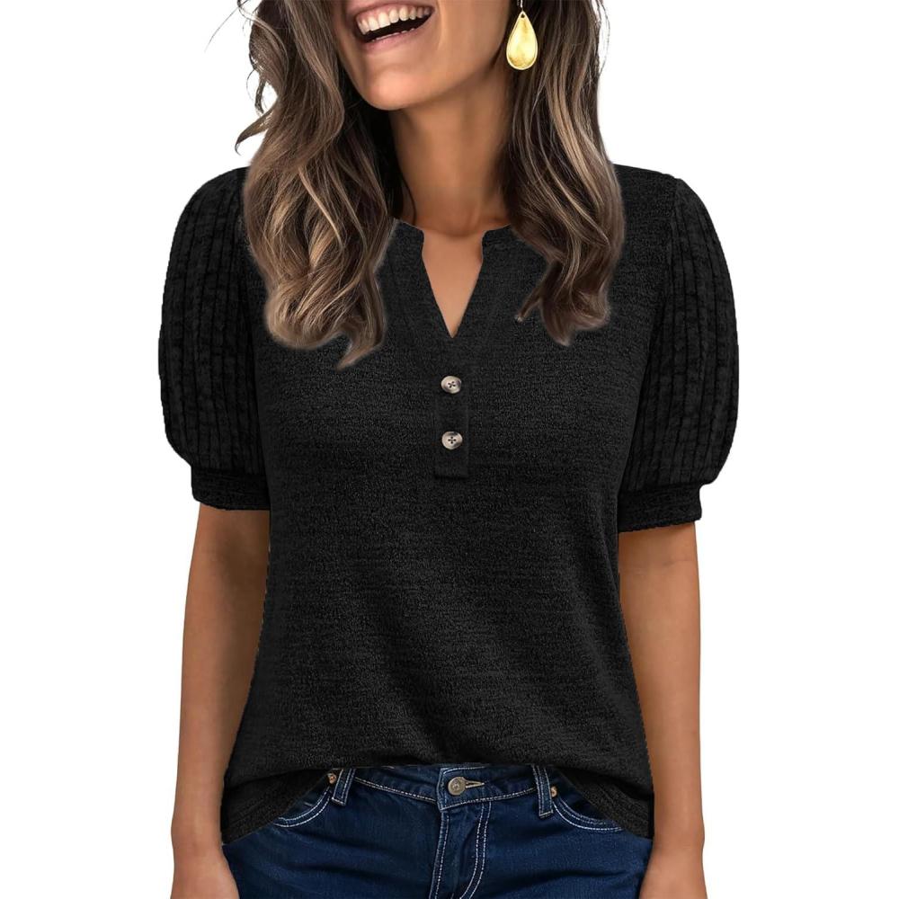 imageANRABESS Womens Tops Puff Short Sleeve Henley Shirt Dressy Casual Blouses Summer Sweater 2026 Spring Business Cute TunicsBlack