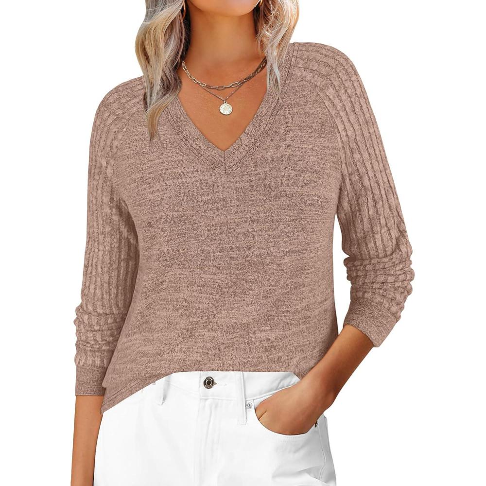 imageANRABESS Womens V Neck Ribbed Long Sleeve 2025 Fall Lightweight Soft Sweaters TopBurnt Tan