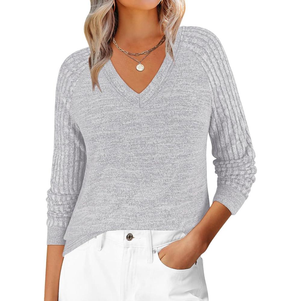 imageANRABESS Womens V Neck Ribbed Long Sleeve 2025 Fall Lightweight Soft Sweaters TopLight Grey