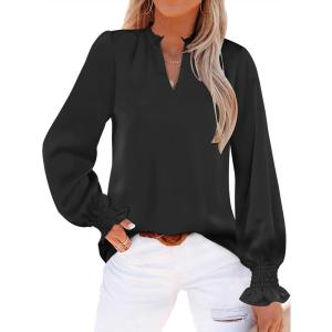 ANRABESS Blouse for Women Dressy Casual Puff Long Sleeve Shirts V Neck Satin Business Casual Work Tops 2025 Fall Outfits(Black)