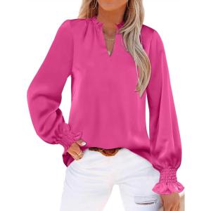 ANRABESS Blouse for Women Dressy Casual Puff Long Sleeve Shirts V Neck Satin Business Casual Work Tops 2025 Fall Outfits(Hot Pink)