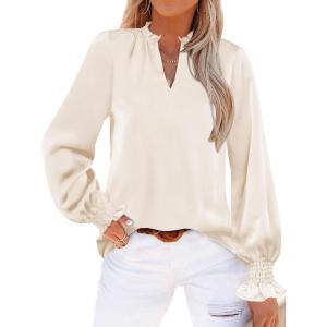 ANRABESS Blouse for Women Dressy Casual Puff Long Sleeve Shirts V Neck Satin Business Casual Work Tops 2025 Fall Outfits(Parchment)