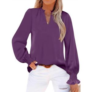 ANRABESS Blouse for Women Dressy Casual Puff Long Sleeve Shirts V Neck Satin Business Casual Work Tops 2025 Fall Outfits(Purple)