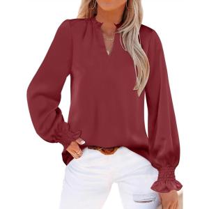 ANRABESS Blouse for Women Dressy Casual Puff Long Sleeve Shirts V Neck Satin Business Casual Work Tops 2025 Fall Outfits(Wine Red)