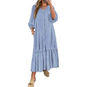 ANRABESS Boho Maxi Dresses for Women Summer Puff Sleeve V Neck Flowy Long Casual Dress with Pockets 2025 Vacation Outfits(Striped Blue)