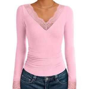 ANRABESS Long Sleeve Shirts for Women Lace V Neck Slim Fit Basic T-Shirt Dressy Casual Blouses 2025 Trendy Fall Going Out Top(Light Pink)