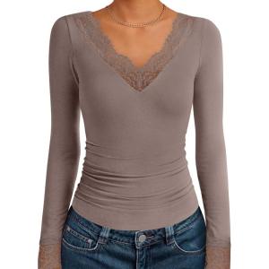 ANRABESS Long Sleeve Shirts for Women Lace V Neck Slim Fit Basic T-Shirt Dressy Casual Blouses 2025 Trendy Fall Going Out Top(Light Tan)