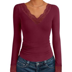 ANRABESS Long Sleeve Shirts for Women Lace V Neck Slim Fit Basic T-Shirt Dressy Casual Blouses 2025 Trendy Fall Going Out Top(Red)