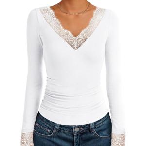 ANRABESS Long Sleeve Shirts for Women Lace V Neck Slim Fit Basic T-Shirt Dressy Casual Blouses 2025 Trendy Fall Going Out Top(White)