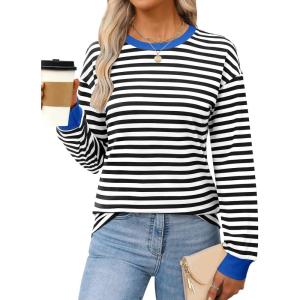ANRABESS Long Sleeve Shirts for Women Striped Crewneck Loose Fit Tunic Tops 2025 Fall Color Block T-Shirt(Black Stripes Combo)