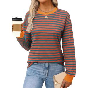 ANRABESS Long Sleeve Shirts for Women Striped Crewneck Loose Fit Tunic Tops 2025 Fall Color Block T-Shirt(Bright Orange Stripes Combo)