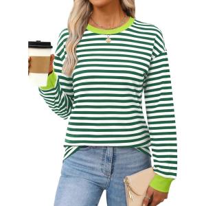 ANRABESS Long Sleeve Shirts for Women Striped Crewneck Loose Fit Tunic Tops 2025 Fall Color Block T-Shirt(Green Stripes Combo)