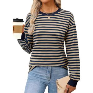 ANRABESS Long Sleeve Shirts for Women Striped Crewneck Loose Fit Tunic Tops 2025 Fall Color Block T-Shirt(Khaki Stripes Combo)