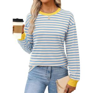 ANRABESS Long Sleeve Shirts for Women Striped Crewneck Loose Fit Tunic Tops 2025 Fall Color Block T-Shirt(Light Blue Stripes Combo)