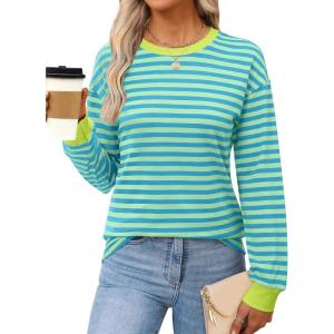 ANRABESS Long Sleeve Shirts for Women Striped Crewneck Loose Fit Tunic Tops 2025 Fall Color Block T-Shirt(Light Green Stripes Combo)