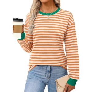 ANRABESS Long Sleeve Shirts for Women Striped Crewneck Loose Fit Tunic Tops 2025 Fall Color Block T-Shirt(Orange Stripes Combo)