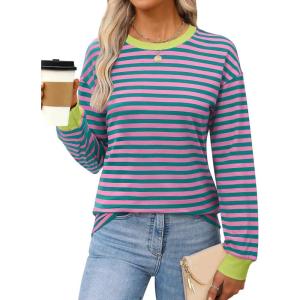 ANRABESS Long Sleeve Shirts for Women Striped Crewneck Loose Fit Tunic Tops 2025 Fall Color Block T-Shirt(Pink Stripes Combo)