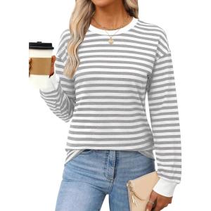 ANRABESS Long Sleeve Shirts for Women Striped Crewneck Loose Fit Tunic Tops 2025 Fall Color Block T-Shirt(White Stripes Combo)