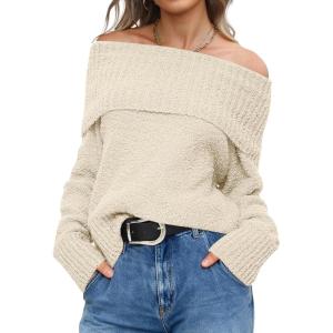 ANRABESS Off The Shoulder Sweaters for Women 2025 Fall Turtleneck Long Sleeve Fuzzy Knit Warm Casual Winter Sweater(Beige)