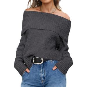 ANRABESS Off The Shoulder Sweaters for Women 2025 Fall Turtleneck Long Sleeve Fuzzy Knit Warm Casual Winter Sweater(Deep Gray)