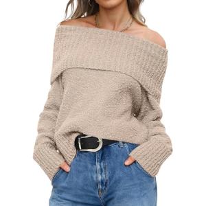 ANRABESS Off The Shoulder Sweaters for Women 2025 Fall Turtleneck Long Sleeve Fuzzy Knit Warm Casual Winter Sweater(Light Khaki)
