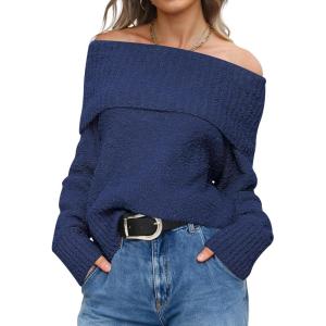 ANRABESS Off The Shoulder Sweaters for Women 2025 Fall Turtleneck Long Sleeve Fuzzy Knit Warm Casual Winter Sweater(Navy Blue)