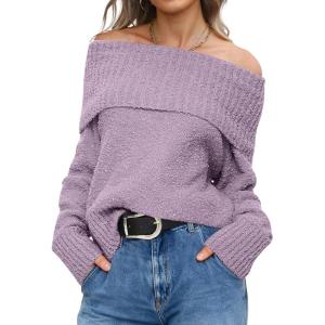 ANRABESS Off The Shoulder Sweaters for Women 2025 Fall Turtleneck Long Sleeve Fuzzy Knit Warm Casual Winter Sweater(Purple)