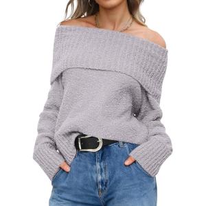 ANRABESS Off The Shoulder Sweaters for Women 2025 Fall Turtleneck Long Sleeve Fuzzy Knit Warm Casual Winter Sweater(Silver Grey)