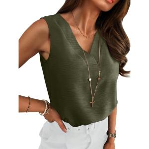 ANRABESS Tank Top for Women Dressy Casual Business Work Blouses Sleeveless V Neck Textured Tops 2025 Spring Summer Outfits(Army Green)