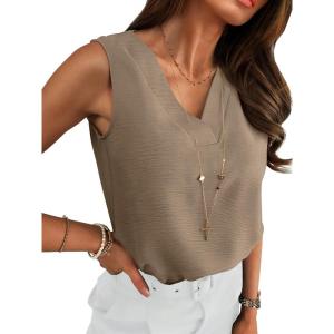 ANRABESS Tank Top for Women Dressy Casual Business Work Blouses Sleeveless V Neck Textured Tops 2025 Spring Summer Outfits(Khaki)