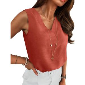 ANRABESS Tank Top for Women Dressy Casual Business Work Blouses Sleeveless V Neck Textured Tops 2025 Spring Summer Outfits(Orange)