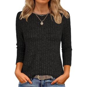 ANRABESS Women 3/4 Sleeve Length Shirts 2025 Fall Lightweight Sweaters Loose Fit Ribbed Knit Casual Soft Layering Tops(Black)