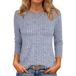 ANRABESS Women 3/4 Sleeve Length Shirts 2025 Fall Lightweight Sweaters Loose Fit Ribbed Knit Casual Soft Layering Tops(Blue)