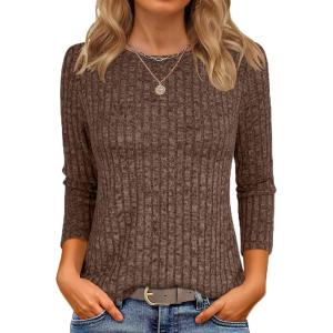 ANRABESS Women 3/4 Sleeve Length Shirts 2025 Fall Lightweight Sweaters Loose Fit Ribbed Knit Casual Soft Layering Tops(Brown)