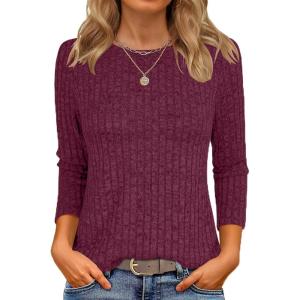 ANRABESS Women 3/4 Sleeve Length Shirts 2025 Fall Lightweight Sweaters Loose Fit Ribbed Knit Casual Soft Layering Tops(Burgundy)